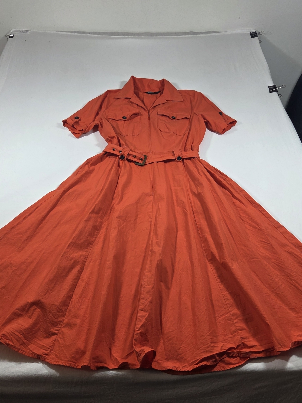 eShakti Vibrant Orange A Line Feminine Short-Sleeve Utility Midi Dress Belted - Picture 9 of 16